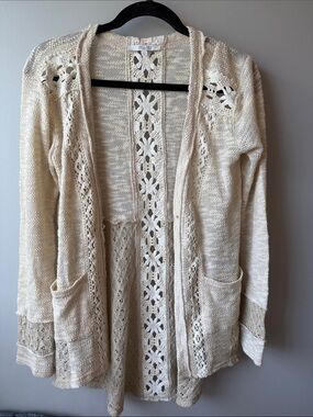 Miss Me Cream Open-Front Crochet-Trim Cardigan gold thread S country cottage
